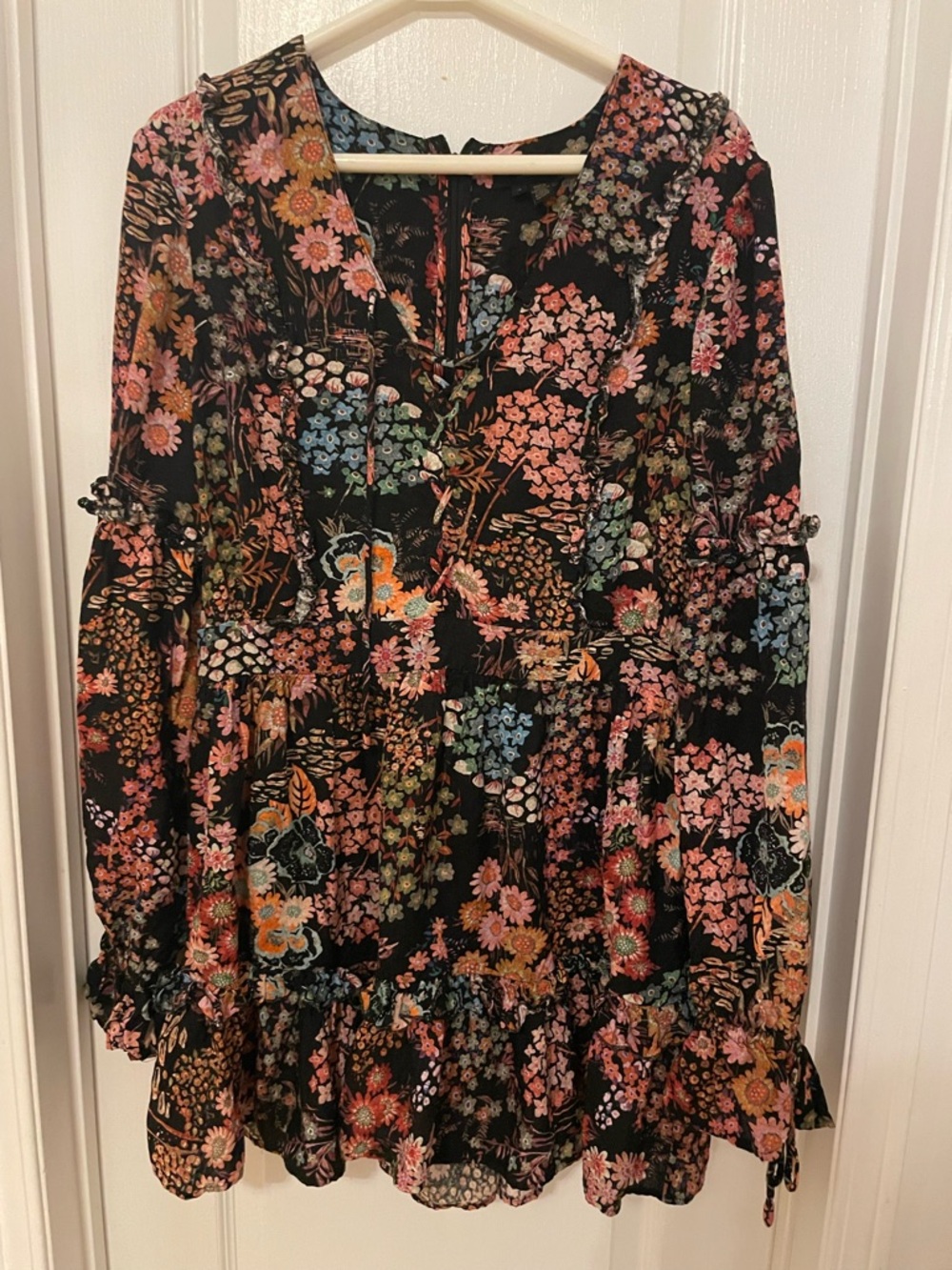 Ted Baker Black Floral Ruffle Sleeve Mini Dress